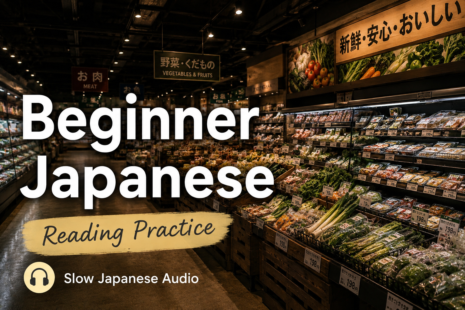 Japanese supermarket with vegetables and food aisles for beginner Japanese reading practice