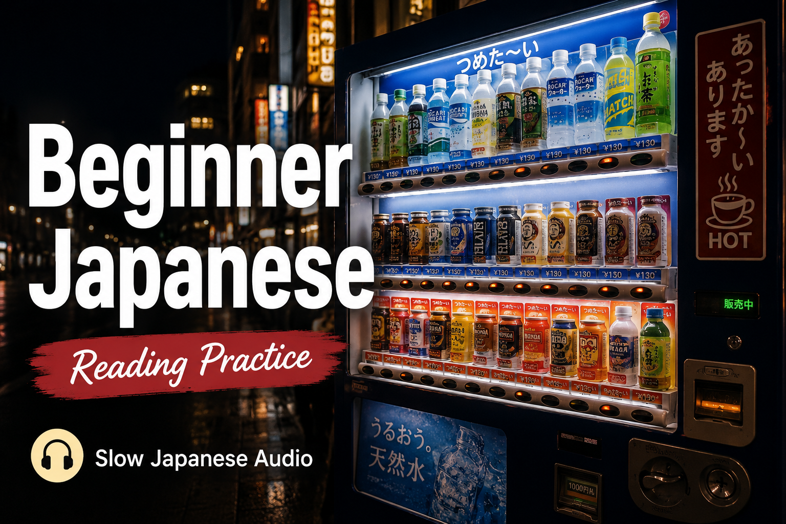 Japanese vending machine at night for beginner Japanese reading practice