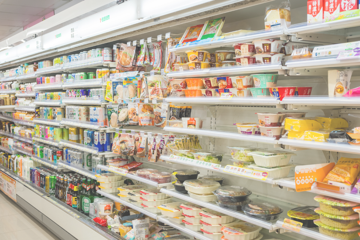 Shelves filled with food and drinks inside a Japanese convenience store