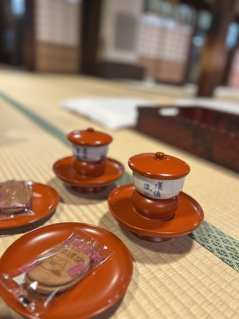 Tea and Japanese sweets served at Dogo Onsen Honkan