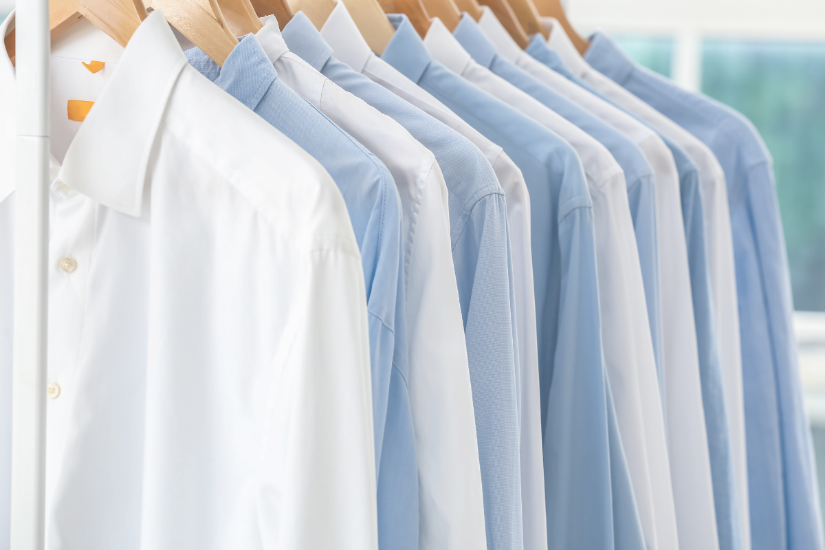 Clothes hanging inside a dry cleaning shop in Japan